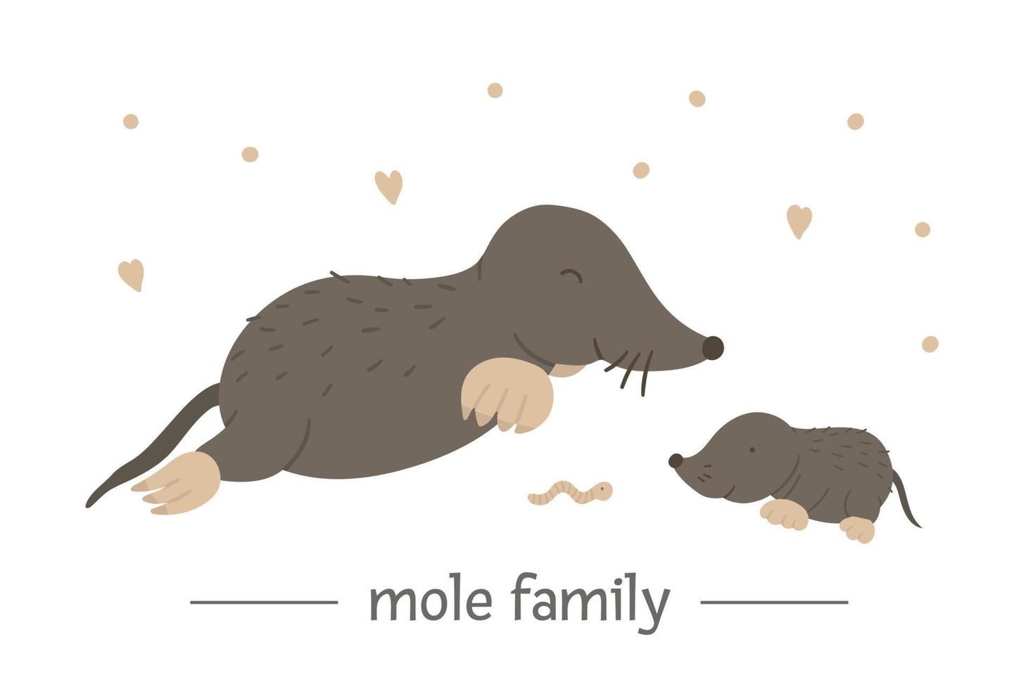 Vector hand drawn flat baby mole with parent. Funny woodland animal scene showing family love. Cute forest animalistic illustration for children design, print, stationery
