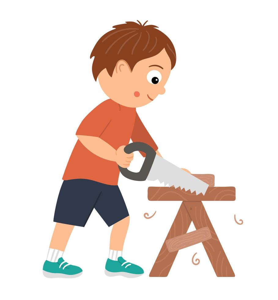 Vector working boy. Flat funny kid character sawing wood with a saw on work bench. Craft lesson illustration. Concept of a child learning how to work with tools. Picture for workshop