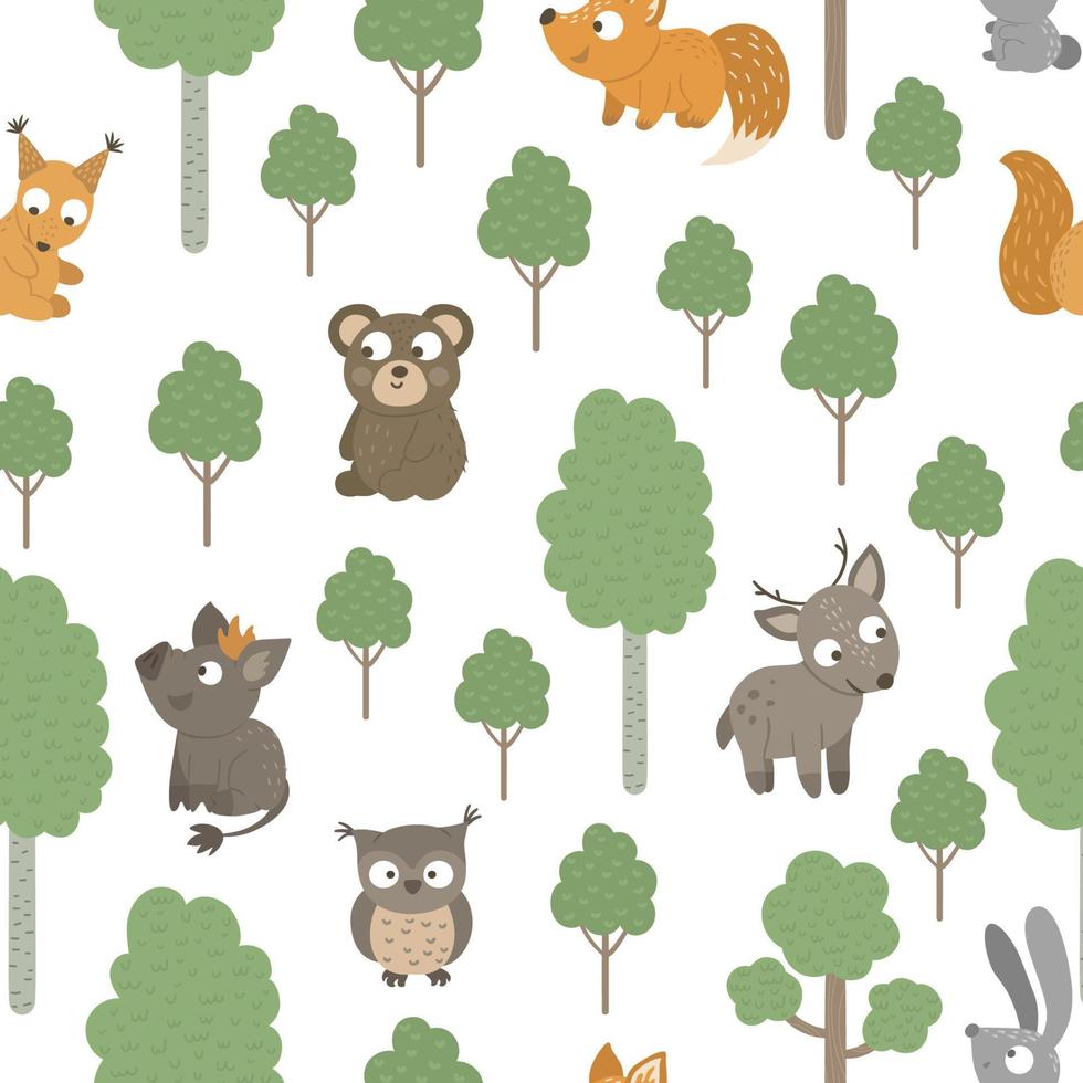 Vector seamless pattern of hand drawn flat funny baby animals with trees. Forest themed repeating background for children design. Cute animalistic backdrop with little deer, bear, squirrel, owl