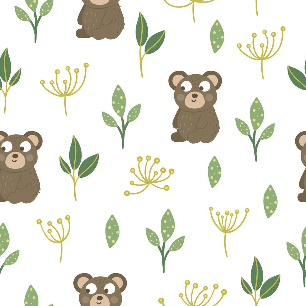 Vector seamless pattern of hand drawn flat funny baby bear with stylized leaves and dill. Forest themed repeating background for children design. Cute animalistic backdrop