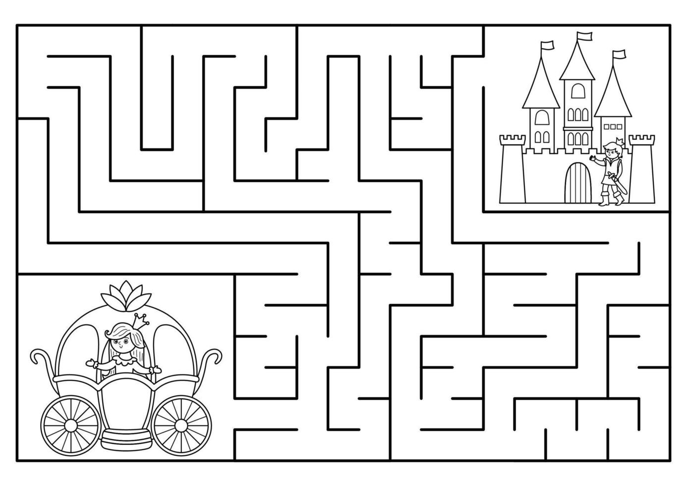 Fairytale black and white maze for kids with fantasy characters. Magic kingdom preschool printable activity with carriage, castle. Geometric labyrinth game, coloring page with princess, prince vector