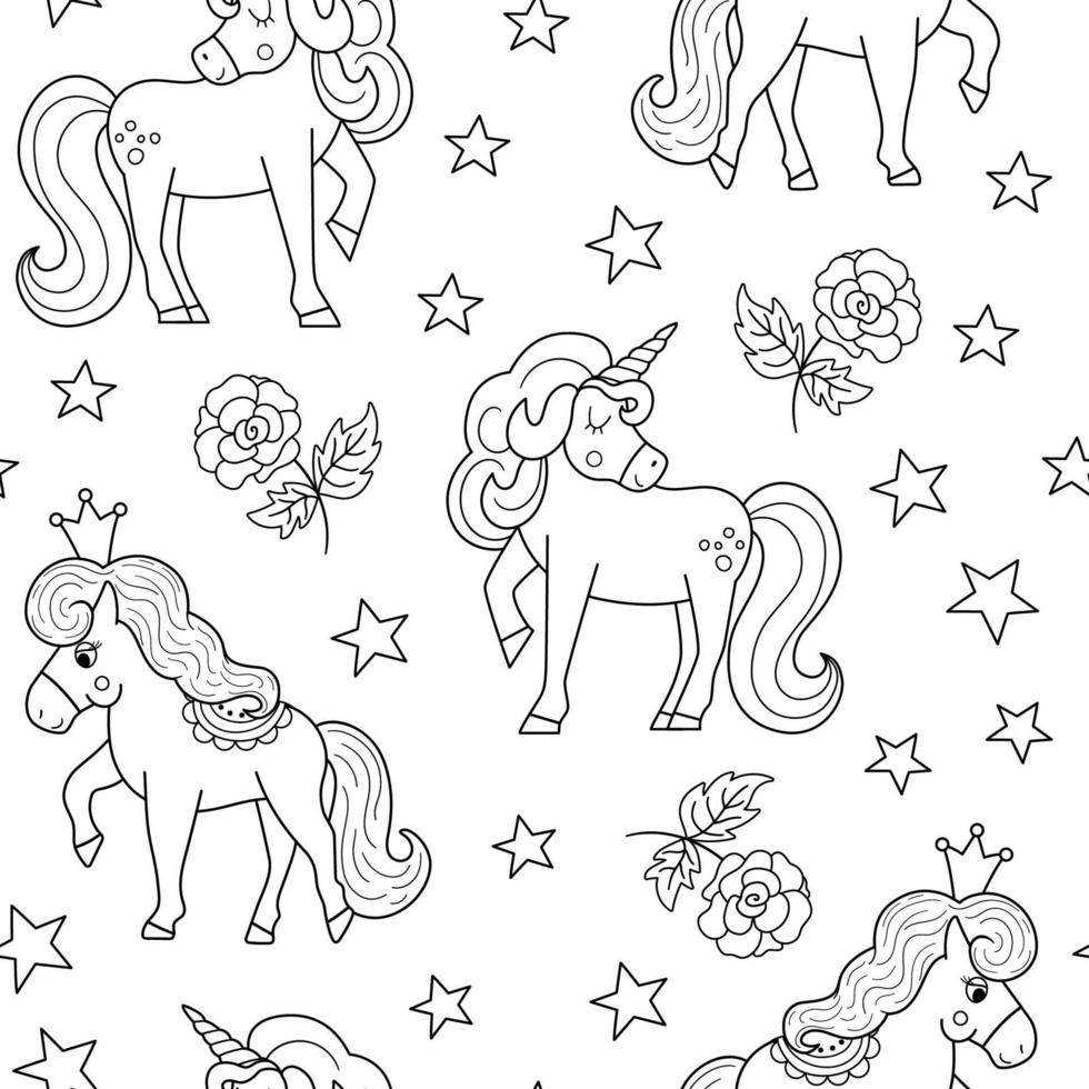Vector black and white seamless pattern with unicorn, rose, stars, crowns. Fairy tale outline princess repeat background. Girlish cartoon magic coloring page with fantasy horses and flowers