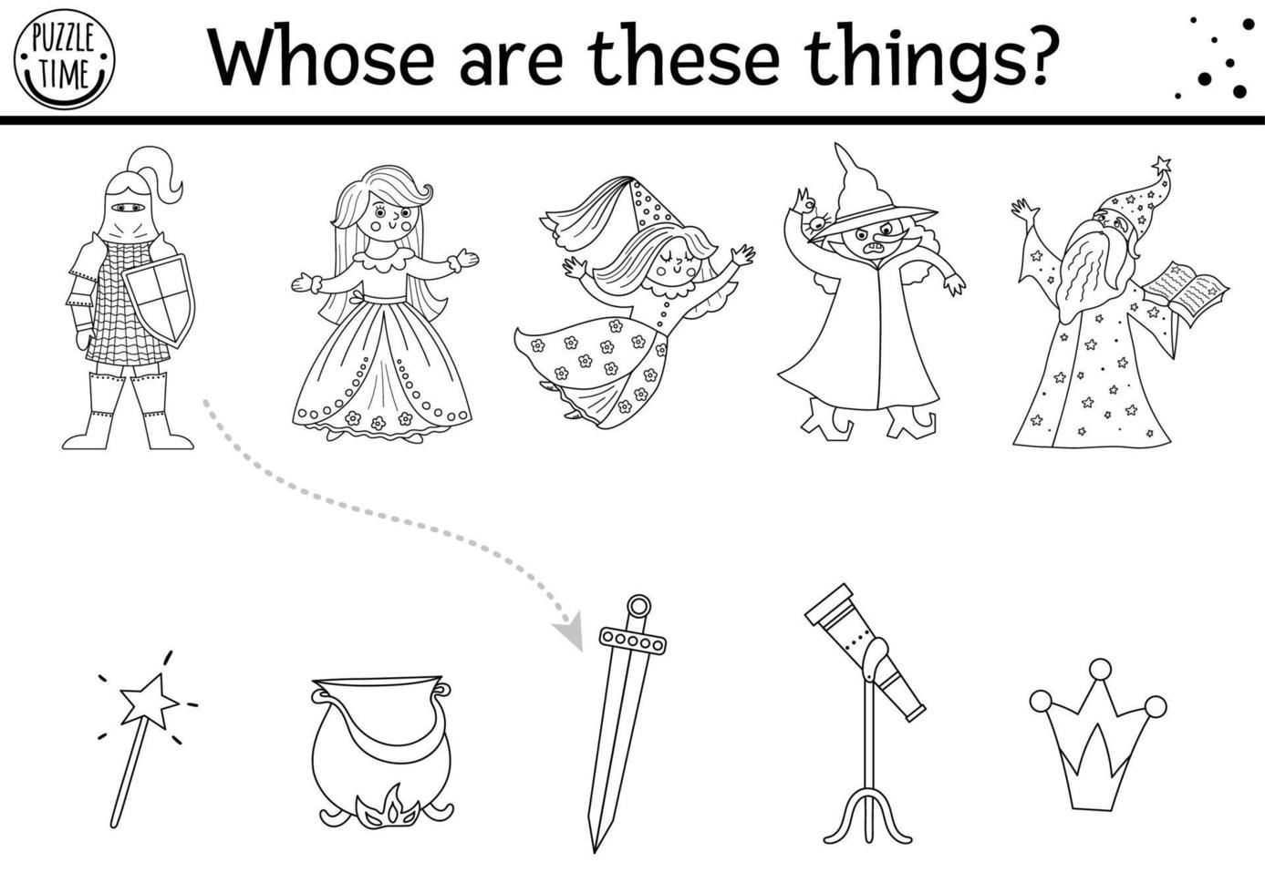 Black and white fairytale matching activity with cute characters. Magic kingdom coloring page with knight, fairy, princess. Match the objects printable worksheet, game. Whose are these things vector