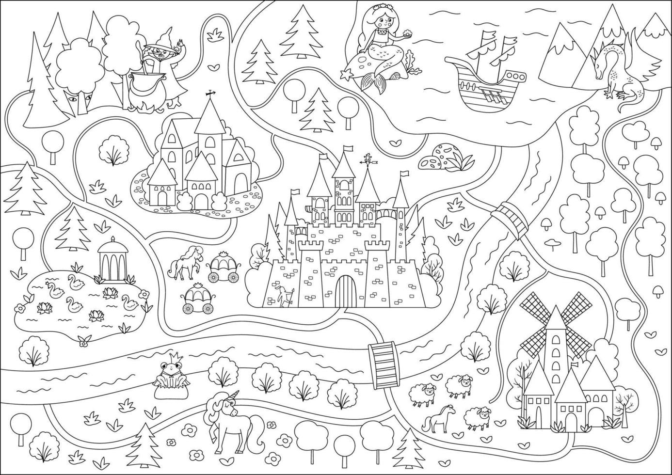 Fairytale black and white kingdom map. Medieval village line background. Vector fairy tale castle infographic elements with sea, mountains, forest, ship. Fantasy town coloring page