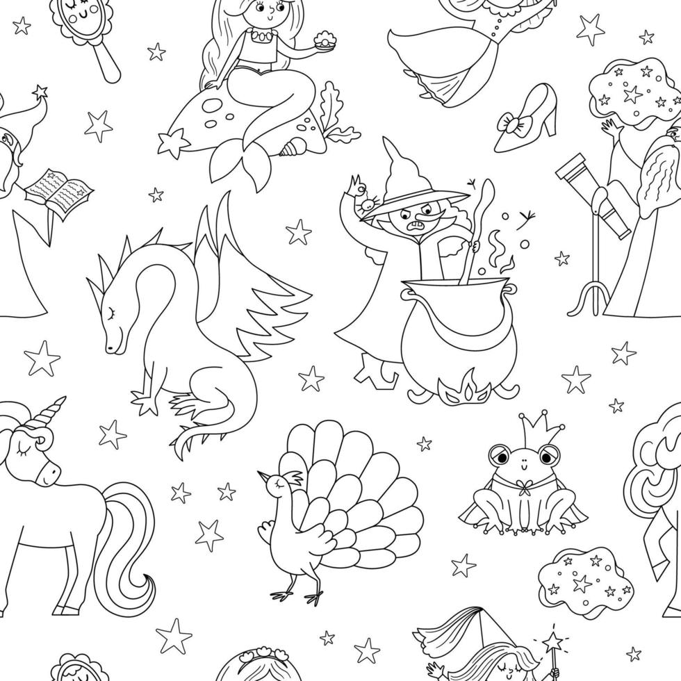 Black and white seamless pattern with fairy tale characters. Vector line repeat background with fantasy witch, unicorn, dragon, fairy, magician, mermaid, frog prince. Medieval fairytale digital paper