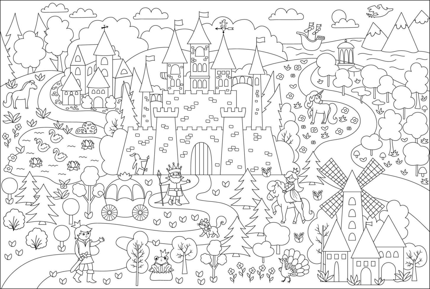 ilustración vectorial del reino de cuento de hadas en blanco y negro. castillo de línea de fantasía y imagen de personajes. lindo fondo mágico de cuento de hadas con palacio. paisaje de pueblo medieval o página para colorear vector