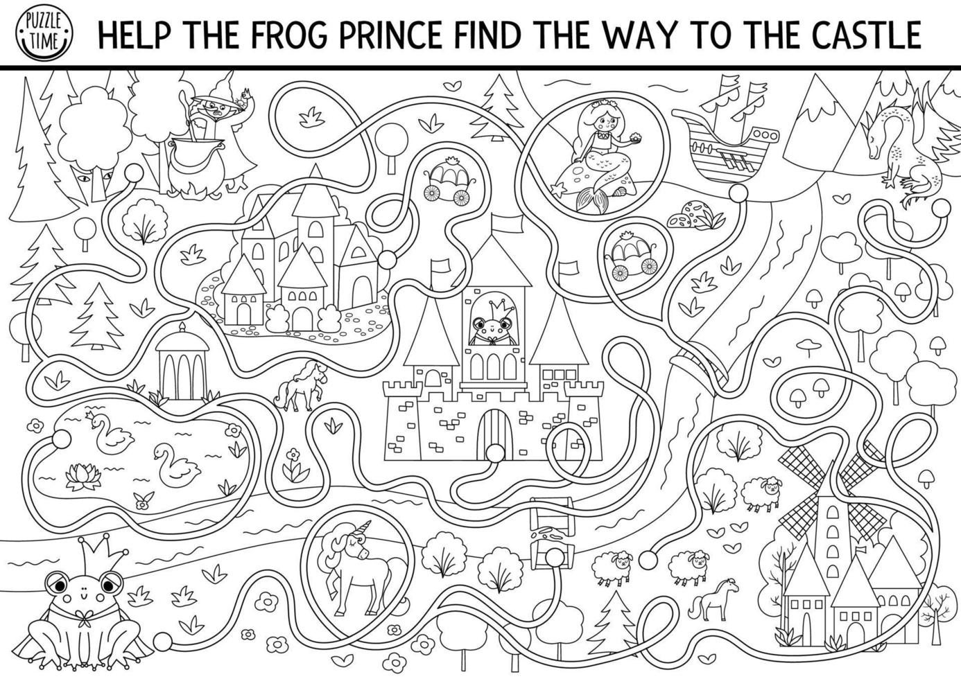 Black and white fairytale maze for kids with medieval village map. Magic kingdom line preschool printable activity. Fairy tale labyrinth game or puzzle. Coloring page with frog prince, castle vector