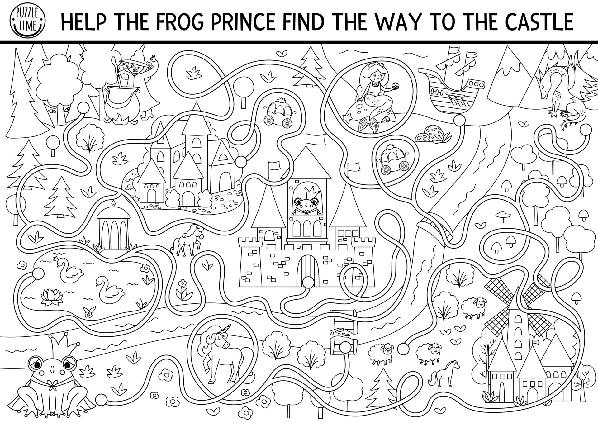 Black and white fairytale maze for kids with medieval village map