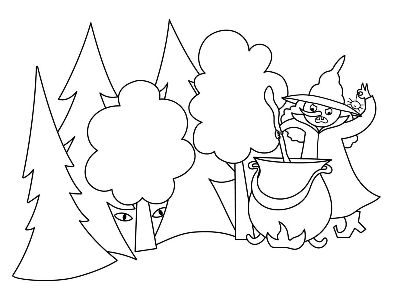 Fairy tale black and white vector magic forest illustration with witch, preparing potion in cauldron. Fairytale or Halloween fantasy line scene. Cartoon magic coloring page