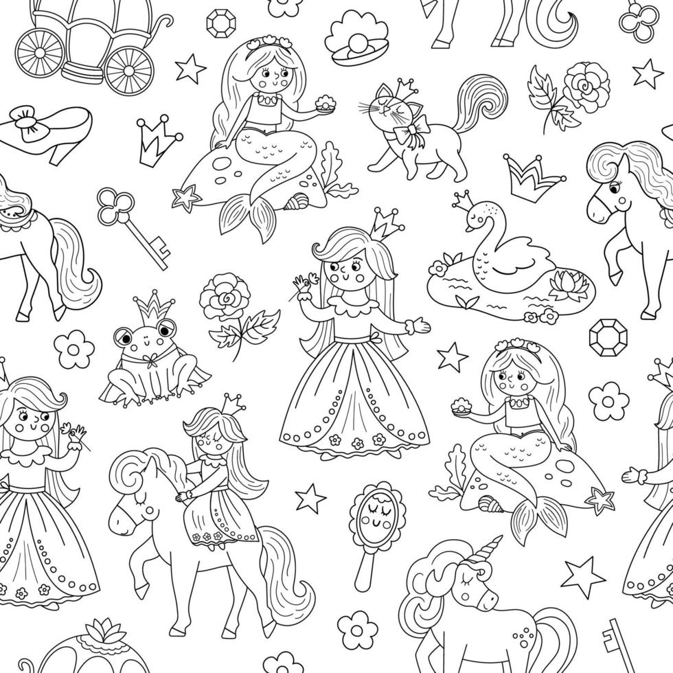 Fairy tale black and white princess seamless pattern. Repeat line background with fantasy girl, carriage, mermaid, unicorn frog prince, swan. Outline magic fairytale maid digital paper vector