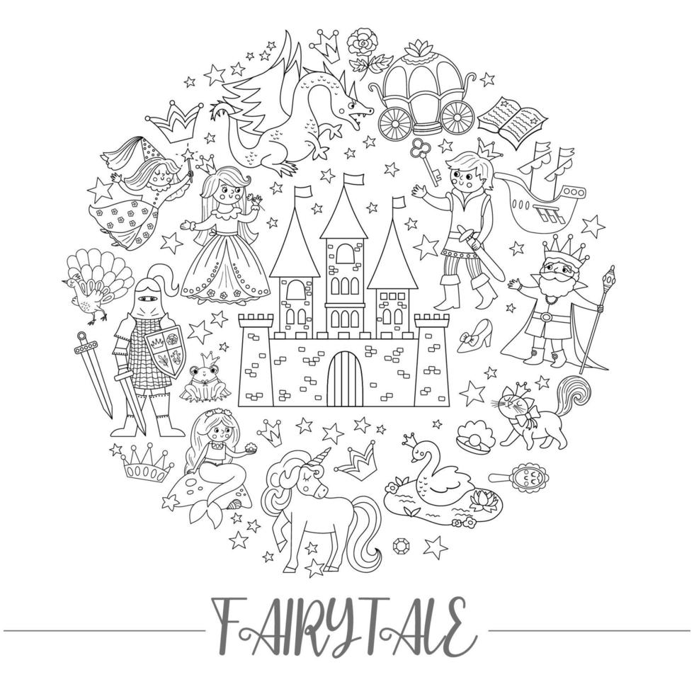 Vector black and white round frame with fairy tale characters, objects. Fairytale line card template design for banners, invitations with princess and prince. Cute fantasy coloring page