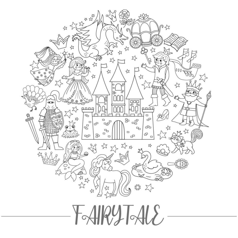 Vector black and white round frame with fairy tale characters, objects. Fairytale line card template design for banners, invitations with princess and prince. Cute fantasy coloring page