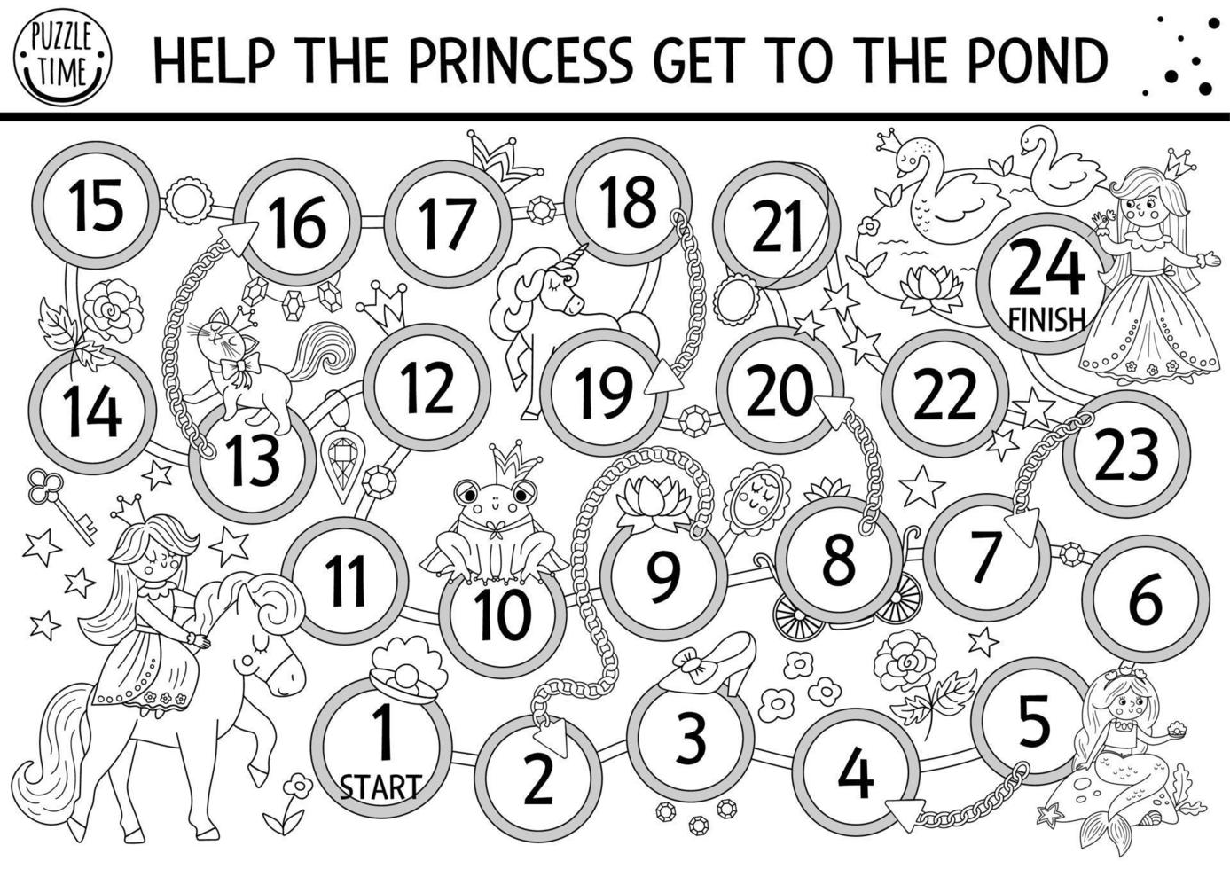 Fairytale black and white dice board game for children with princess, gems, golden chains, unicorn, swans. Magic kingdom line boardgame. Girlish coloring activity or printable worksheet vector