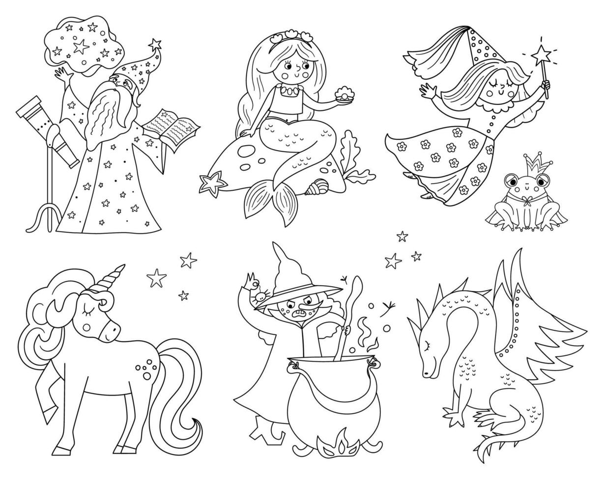 Fairy tale black and white characters collection. Vector line set with fantasy witch, unicorn, dragon, fairy, magician, mermaid, frog prince. Medieval fairytale castle pack. Cartoon magic icons