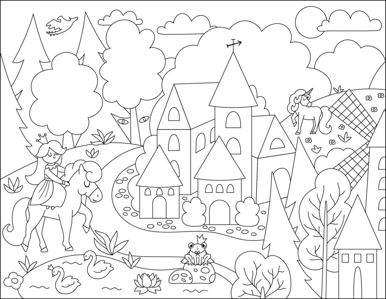 paisaje de pueblo medieval vectorial en blanco y negro con princesa y unicornio. pagina para colorear del reino magico. edificio de línea de piedra y madera rodeado de ilustración de bosque mágico vector