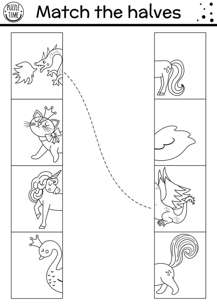 Black and white fairytale connect the halves worksheet.  Matching game for preschool children with fantasy creatures. Match heads and tails activity or coloring page with dragon, unicorn. vector