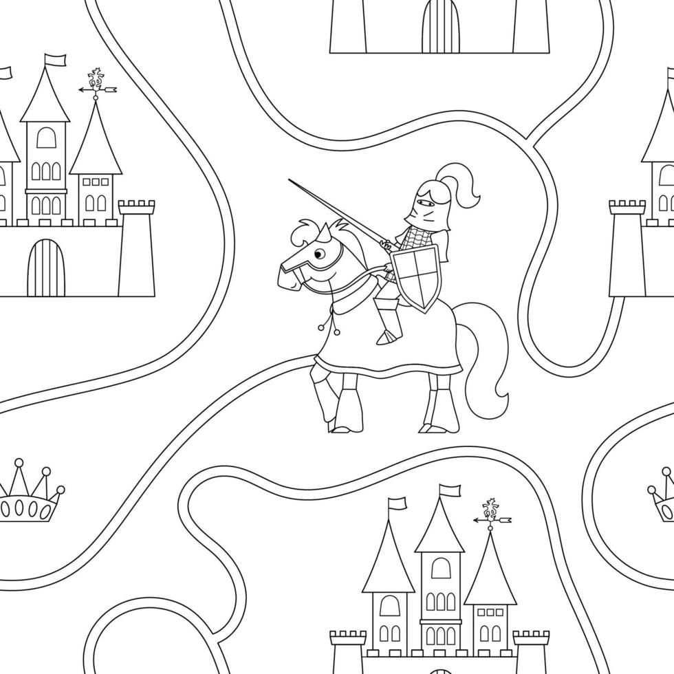 Black and white seamless pattern with fairy tale knight, road, castle, crown. Repeat background with fantasy armored warrior and kingdom plan. Fairytale soldier digital paper vector
