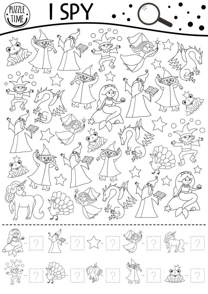 Black and white fairytale I spy game for kids with fantasy creatures. Searching and counting activity with witch, dragon, frog prince. Magic kingdom printable worksheet or coloring page. Simple puzzle vector