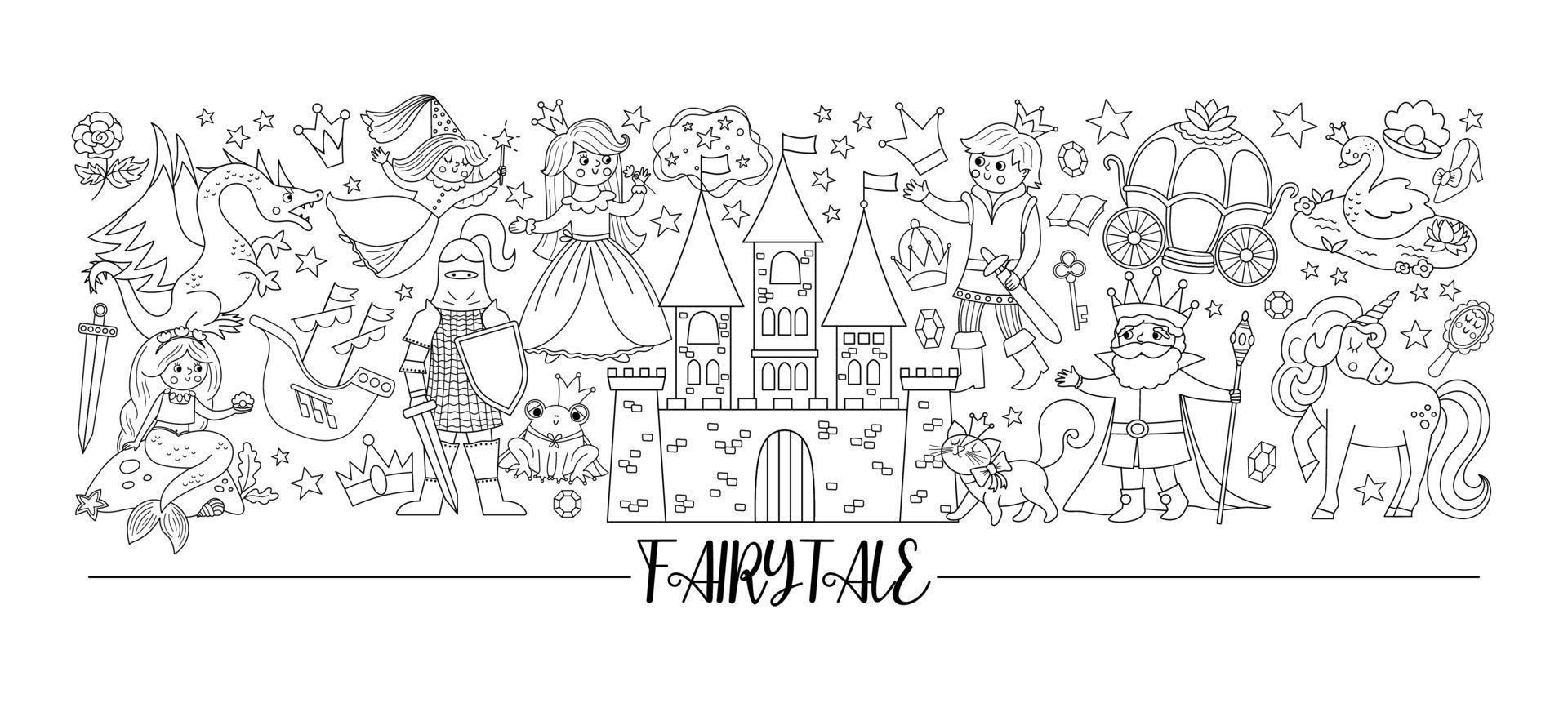 borde horizontal vectorial en blanco y negro con lindos personajes y objetos de cuento de hadas. diseño de plantilla de tarjeta de cuento de hadas con princesa y príncipe. lindo castillo de fantasía o borde del reino vector