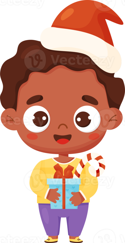Christmas cute black ethnic boy with gift png