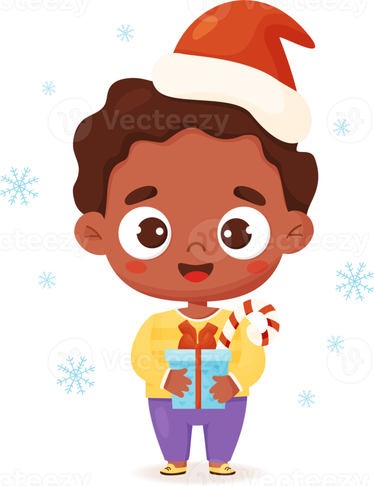 Cute black ethnic boy in santa hat with gift png