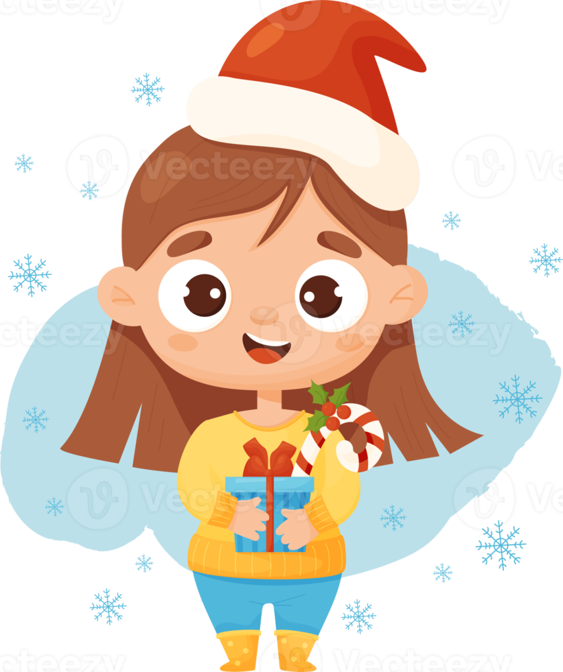 Cute girl in santa hat with New Years gift and caramel stick png