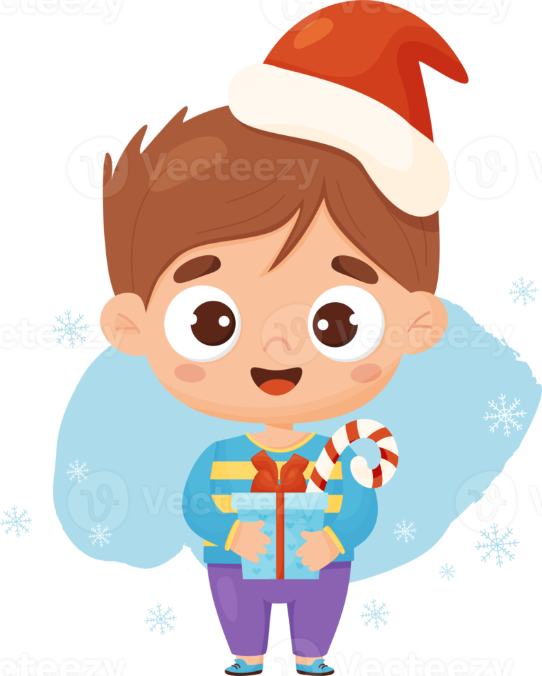 Christmas Cute boy in santa hat with New Years gift and caramel png