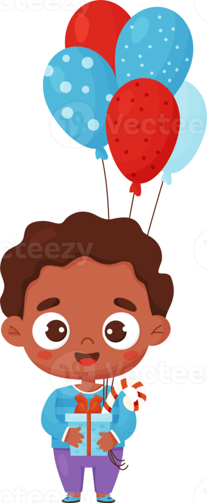 Cute black ethnic boy with gift and balloons png