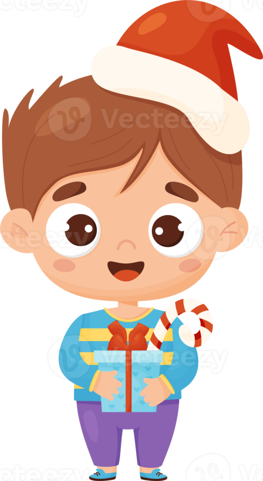 Christmas Cute boy in santa hat with New Years gift png