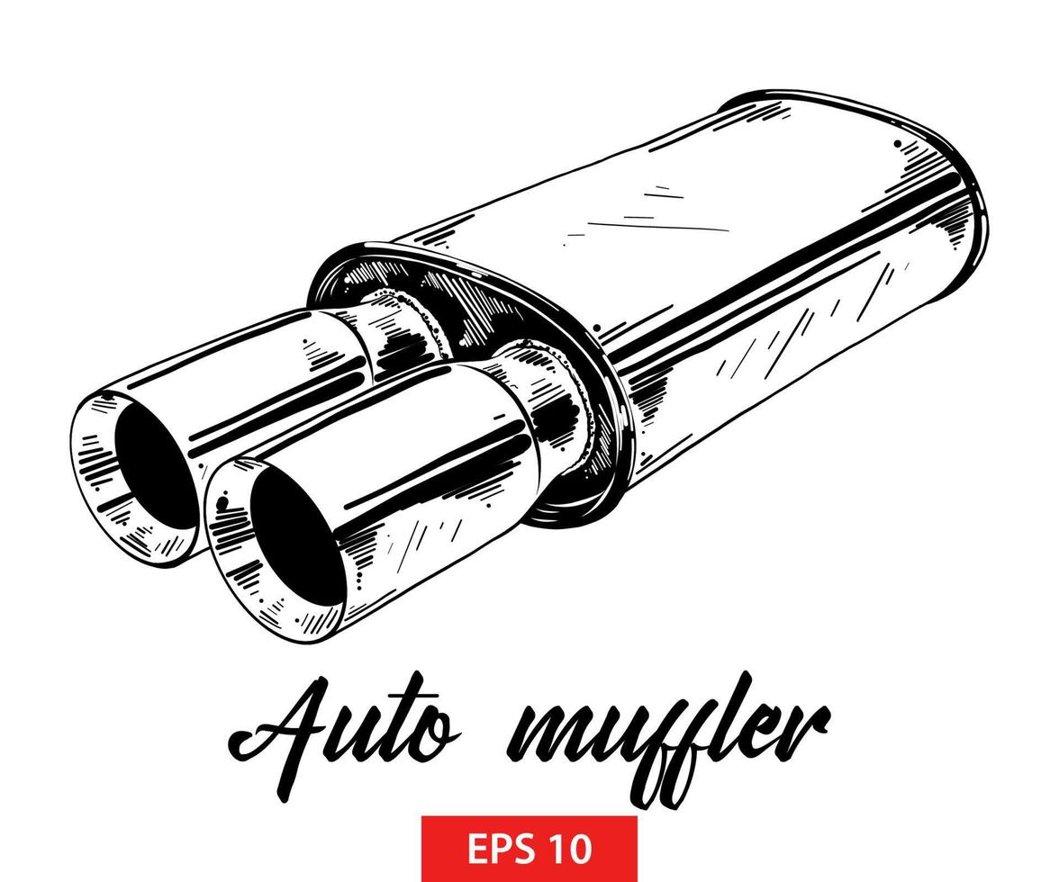 Vector engraved style illustration for posters, decoration and print. Hand drawn sketch of auto muffler in black isolated on white background. Detailed vintage etching style drawing.
