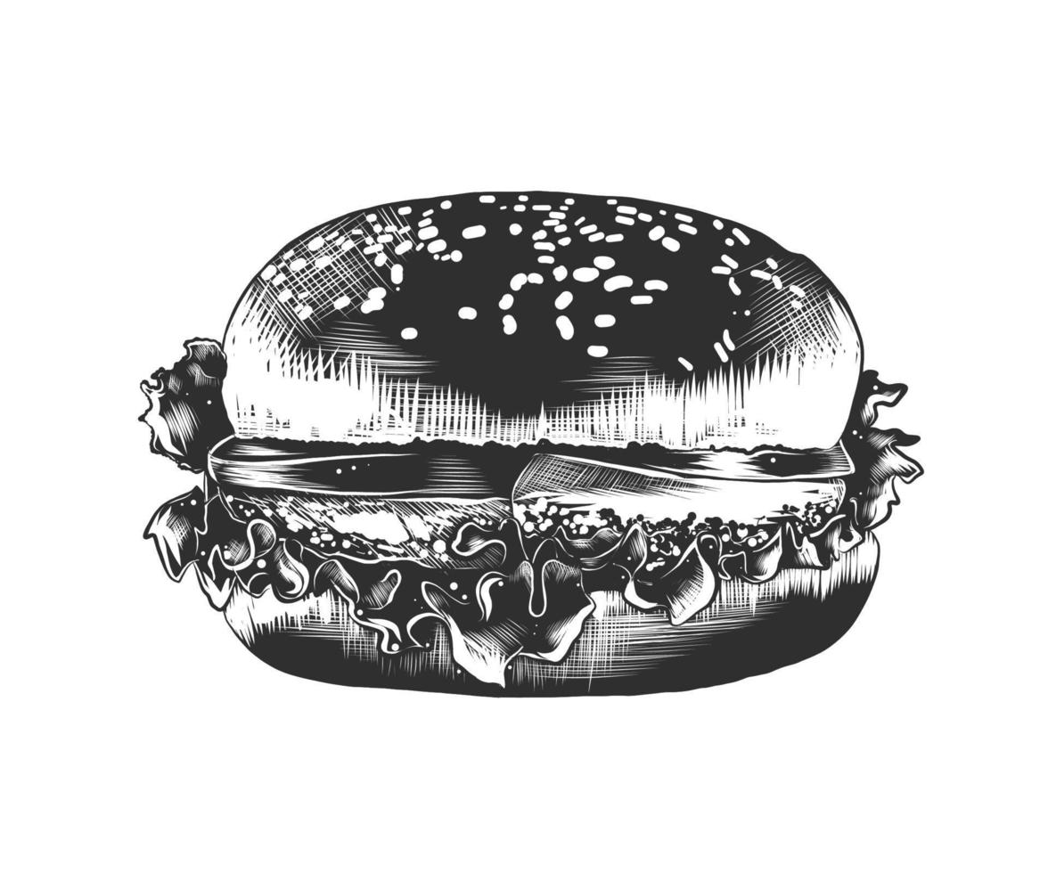 Vector engraved style illustration for posters, decoration and print. Hand drawn sketch of burger in monochrome isolated on white background. Detailed vintage woodcut style drawing.
