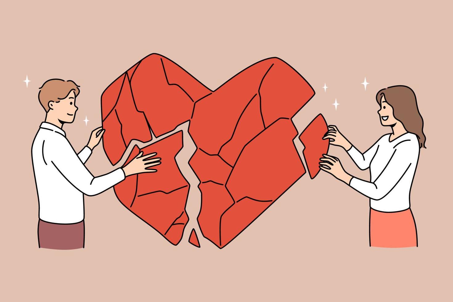 Happy couple connect huge heart pieces overcome relationship problems