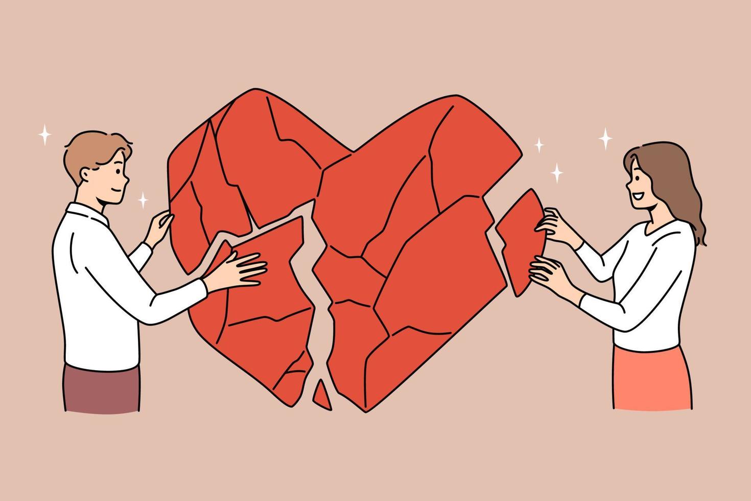 Happy couple connect huge heart pieces overcome relationship problems. Man and woman make peace or reconcile after successful family counseling or psychology session. Vector illustration.