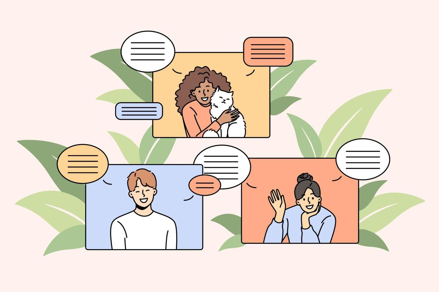 Smiling diverse people talk on video call on devices on lockdown. Happy international friends communicate via webcam event or conference. Communication and technology. Vector illustration.