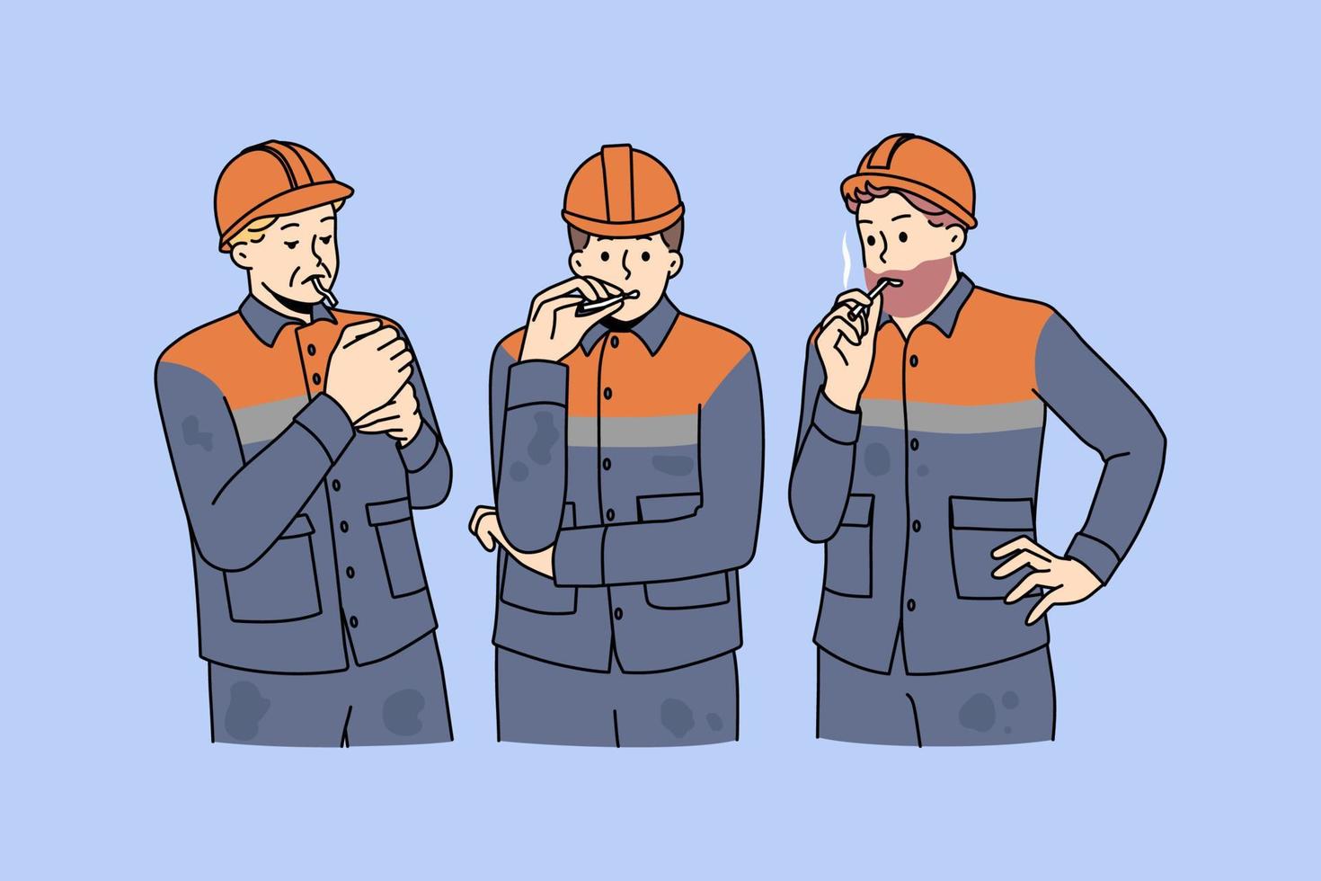 Male workers in uniforms smoking cigarette outdoors. Men builders at work have job break at construction site at special smoke place. Bad habit. Vector illustration, cartoon character.