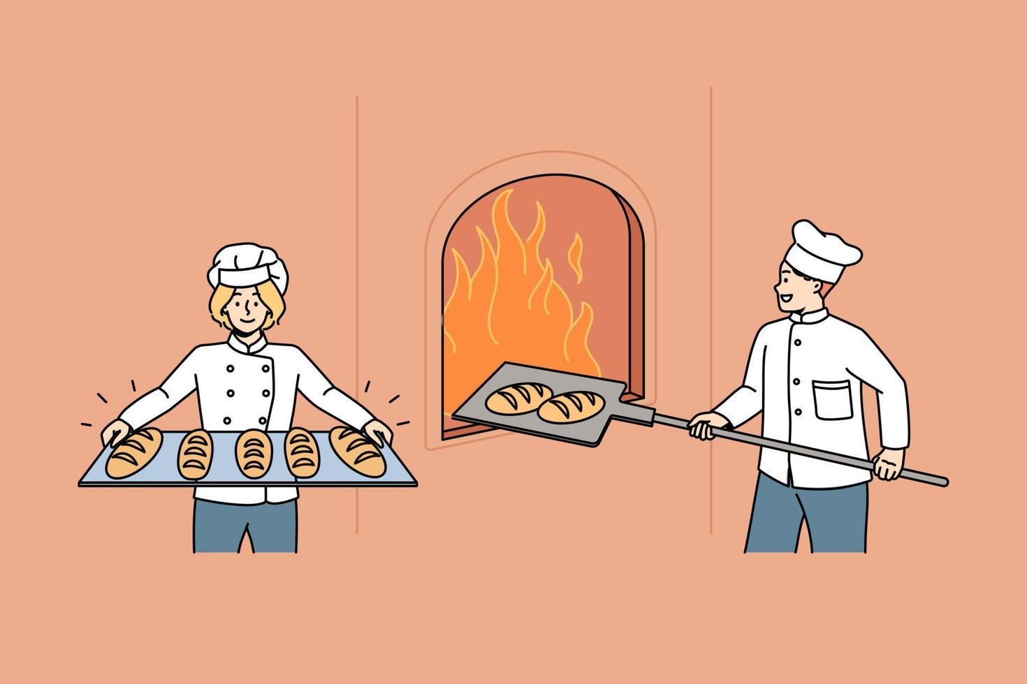 Happy bakers in uniform prepare cook fresh tasty crusty loaves in oven. Smiling worker bake delicious bread in bakery shop or house. Small business ownership, bakeshop. Vector illustration.