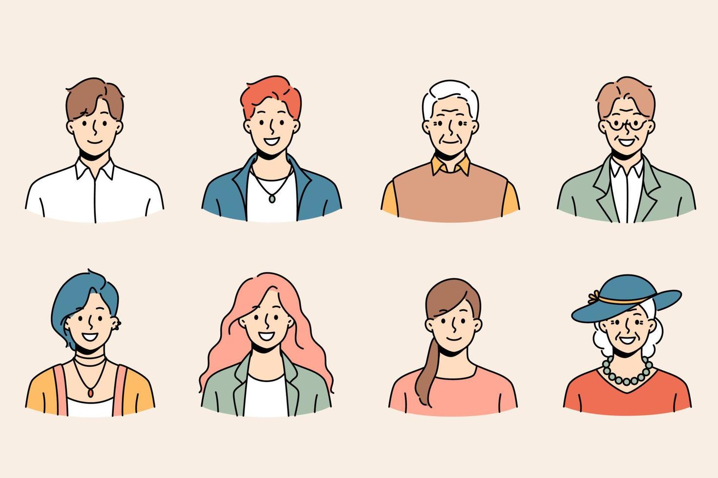 Set of diverse people of different ages and genders profile pictures. Collection of smiling young and old men and women avatar portraits and faces. Generation and diversity. Vector illustration.