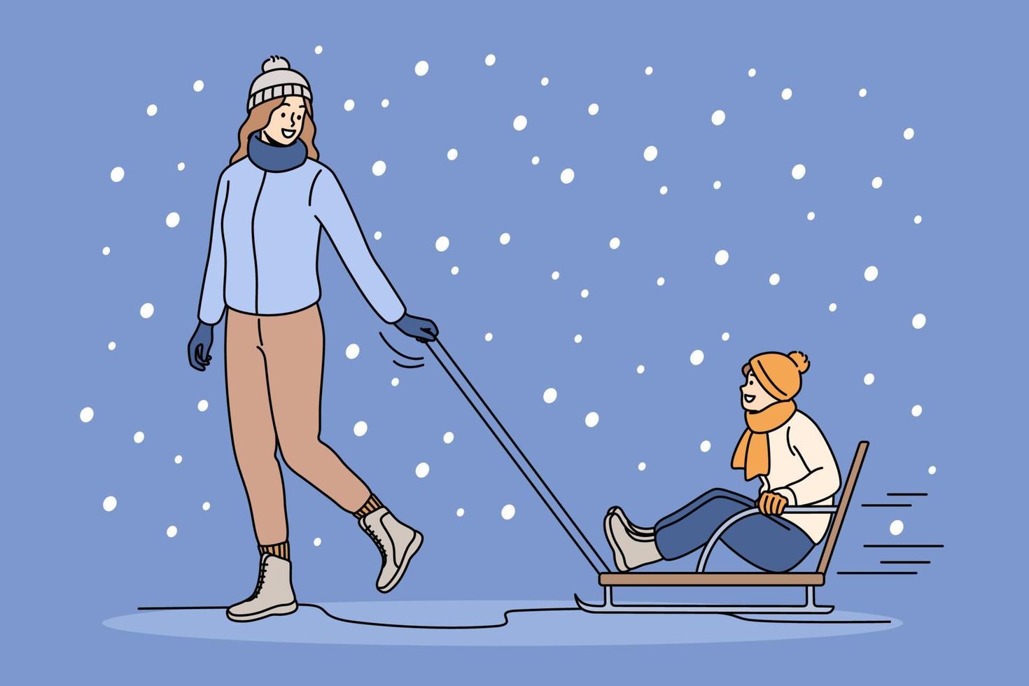 Happy mother in winterwear ride small son on sled outdoors. Smiling young mom in outerwear relax play with boy child on winter weekend. Family relaxation concept. Vector illustration.