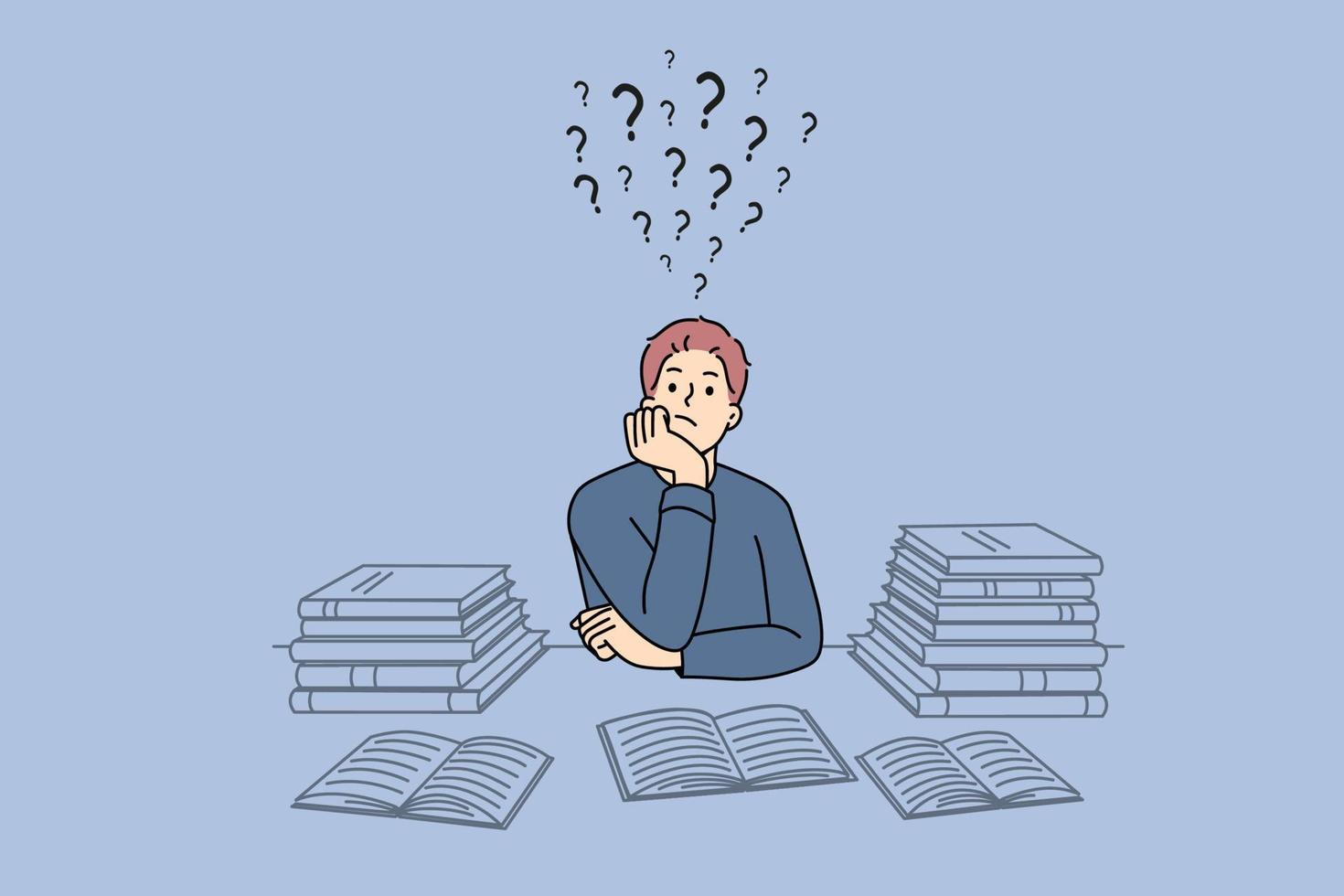 Pensive guy suit at desk studying thinking or pondering of problems finding solution. Thoughtful man with books feel frustrated daydreaming or planning. Dilemma. Vector illustration.