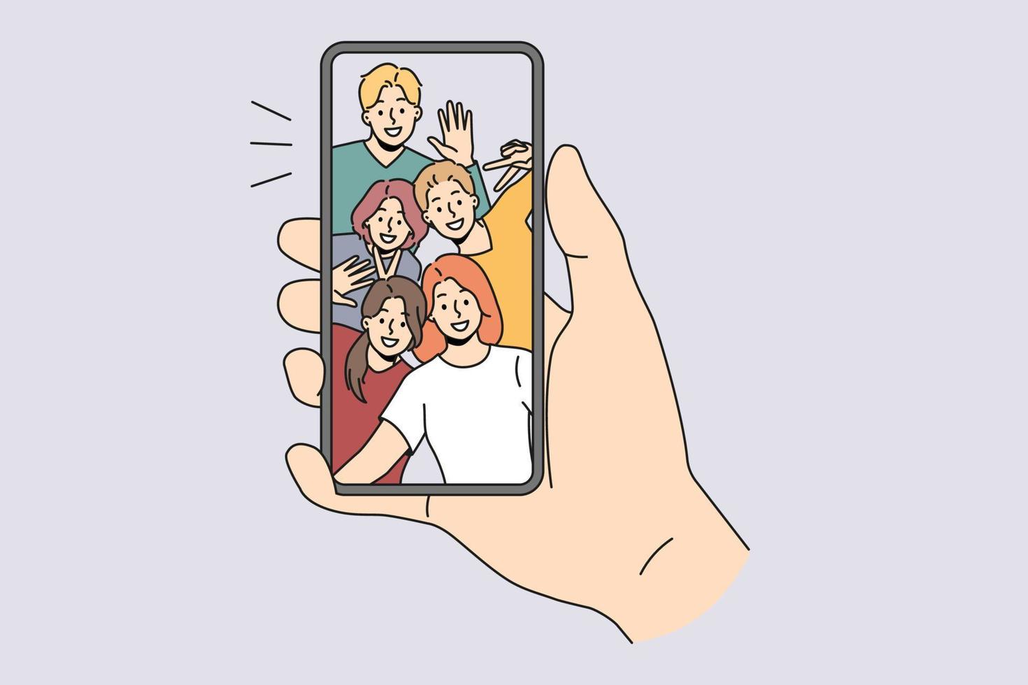 la persona tiene una conversación de teléfono inteligente en una videollamada con diversos amigos. el hombre usa el teléfono celular para chatear con cámaras web en línea o comunicarse en un dispositivo con compañeros internacionales. ilustración vectorial vector