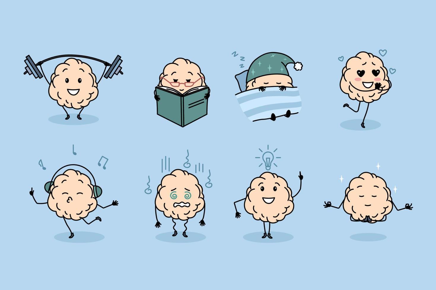 Set of diverse funny human brain icons do daily routine activities. Collection of funny mind train, sleep and dance. Mental intellectual activity and development. Vector illustration.