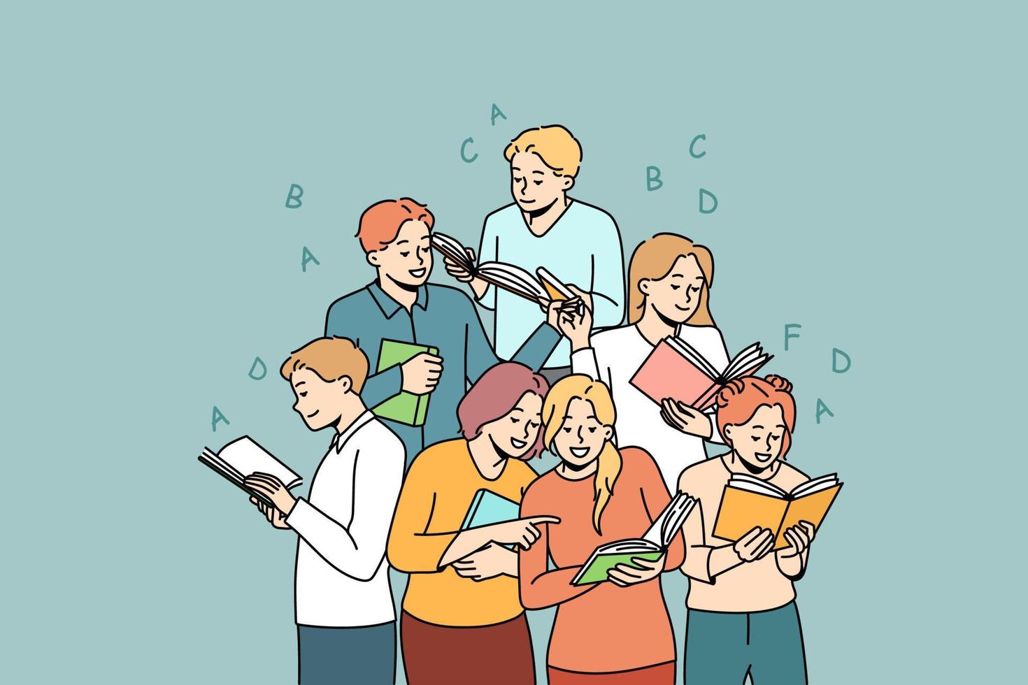 Happy diverse students with books enjoy learning together. Smiling millennial teenagers with textbooks study in group prepare for exam or test. Education and friendship. Vector illustration.