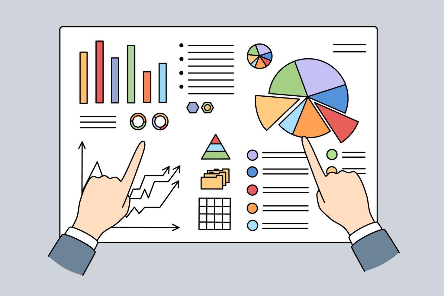 Close up of businessman and analyst hands point at graph and charts on board. Banker analyze growth and falls. Concept of analytical data and accounting. Finances and statistics. Vector illustration.