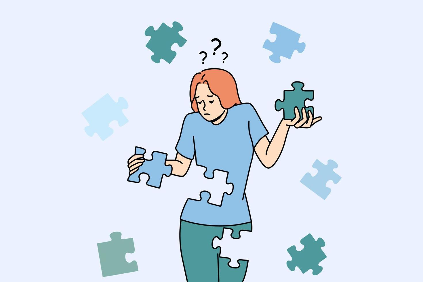 Confused young woman with jigsaw puzzles rebuild personality or identity. Frustrated unhappy girl recover from depression or mental psychological problems. Rehabilitation. Vector illustration.