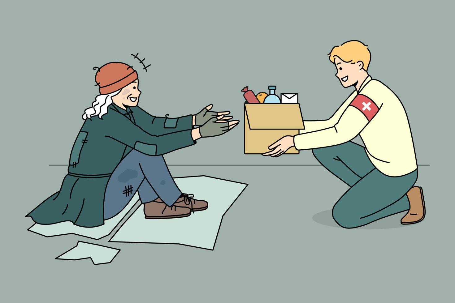 Caring male volunteer give box with food to unhappy poor person outdoors. Kind man activist share products and supplies with homeless needy people on streets. Charity concept. Vector illustration.