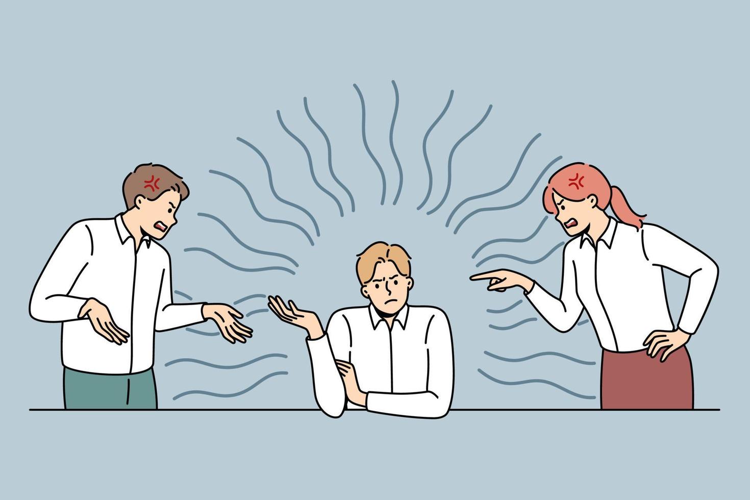 Employees fight quarrel with selfish male colleague in office. Coworkers or businesspeople work argue in unhealthy workplace environment. Teamwork problems. Vector illustration.