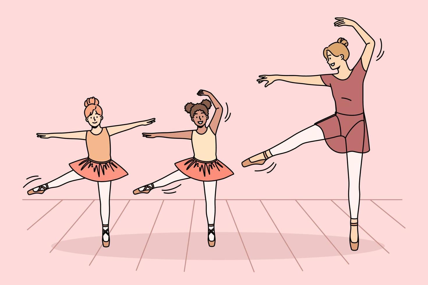 Happy young ballet teacher in tutu dancing with small international girls in class. Smiling ballerina kids teach dancer moves with trainer indoors. Hobby and entertainment. Vector illustration.