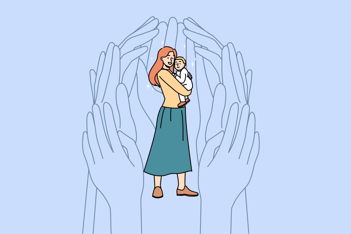 Huge hands help protect young single mother holding baby infant. Society aid and assistance for mom with small kid. Support and protection for mum, motherhood concept. Vector illustration.