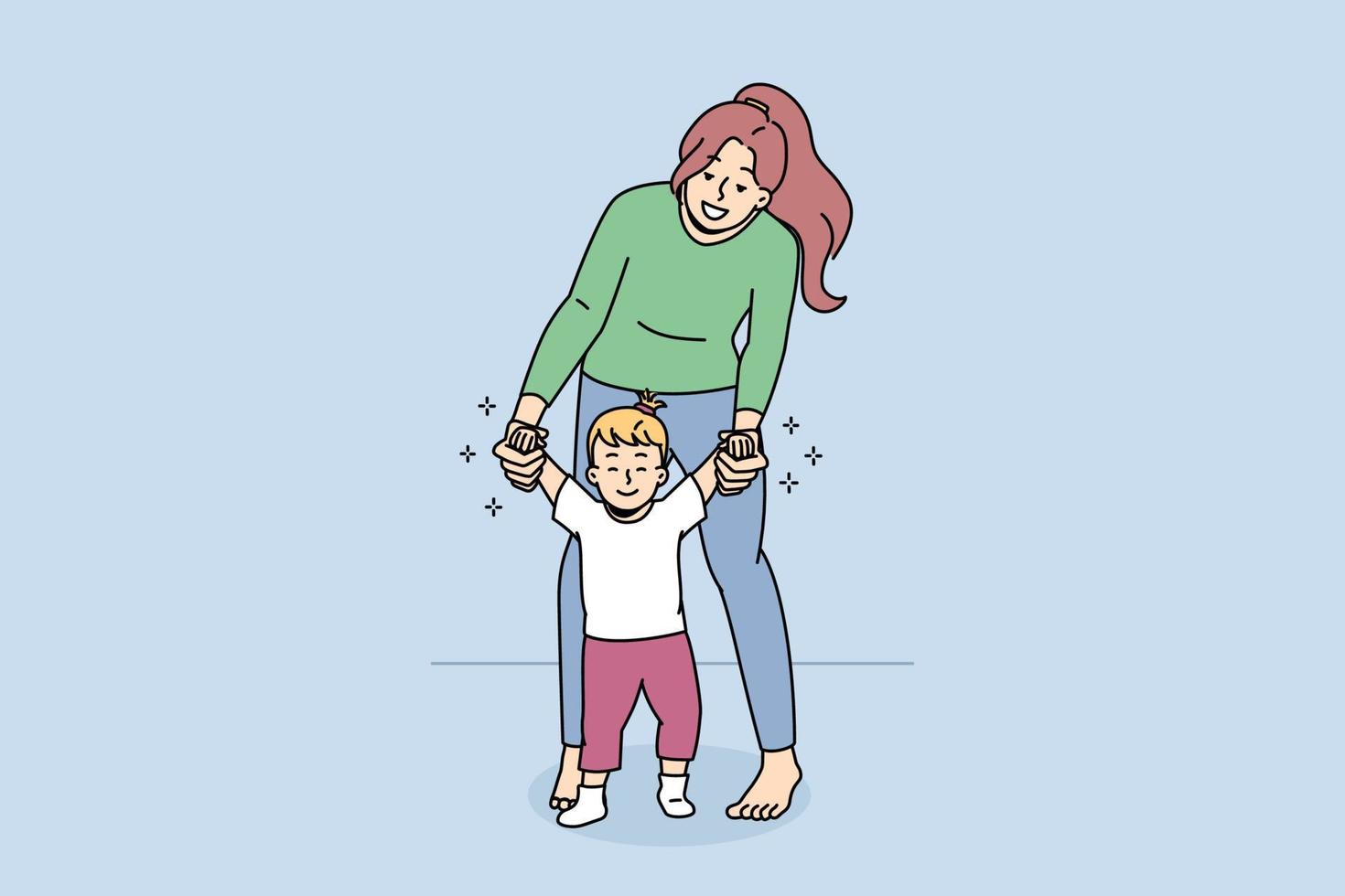 feliz madre joven sostenga a un niño pequeño que dé los primeros pasos. mamá cariñosa y sonriente guía a un niño pequeño y emocionado caminando. concepto de maternidad e infancia. ilustración vectorial plana. vector