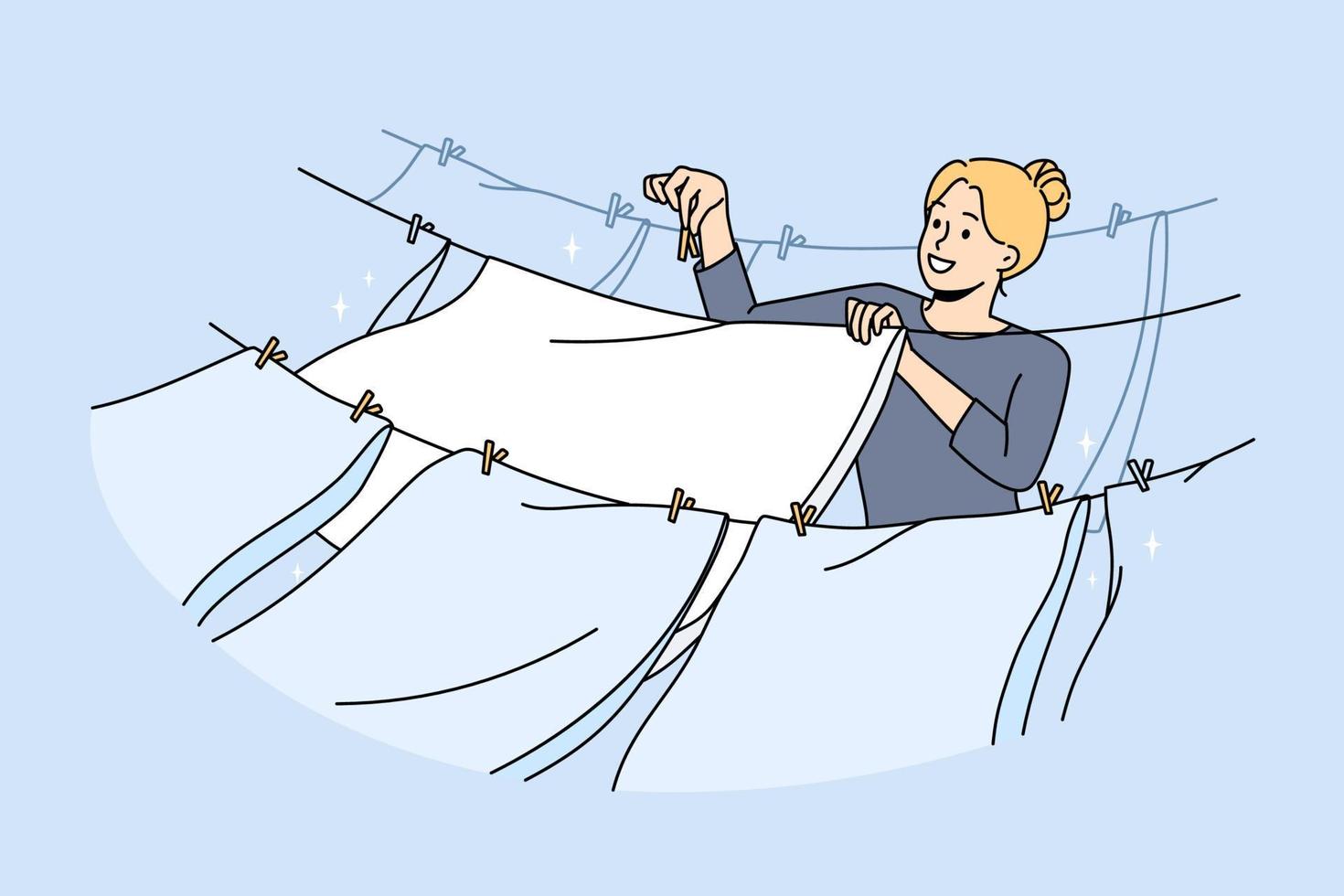 Smiling young housewife hang wet clothes on rope outdoors. Happy woman do household chores let clothing dry on air on clothespin. Housekeeping and domestic routine. Vector illustration.